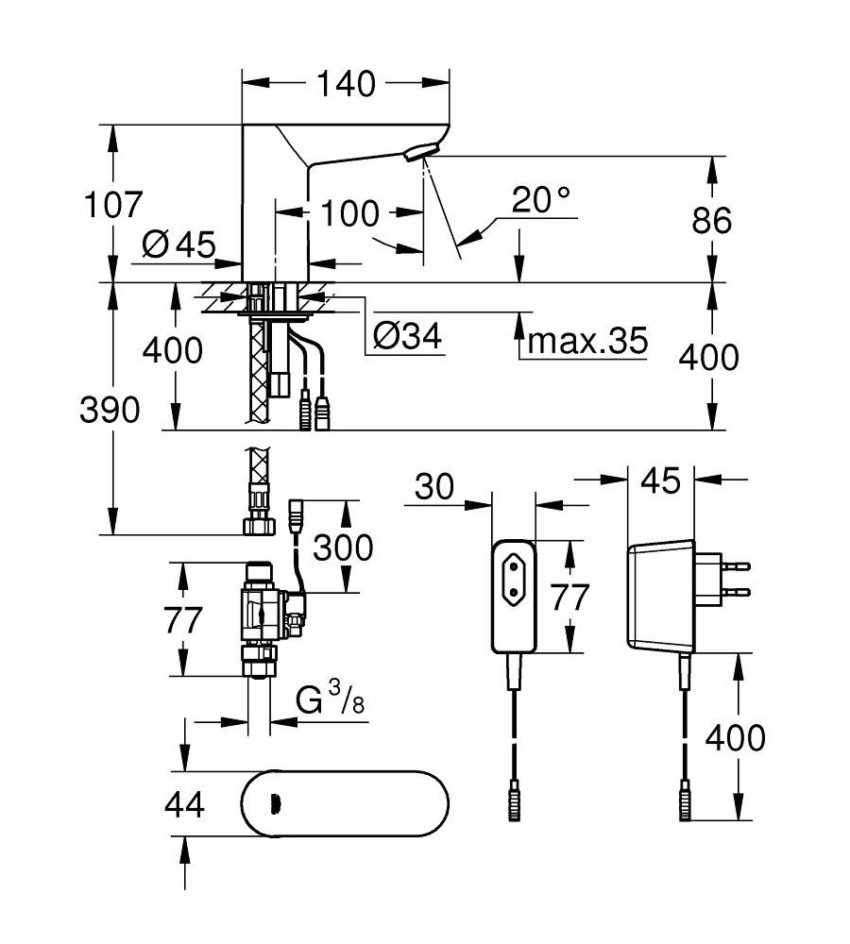 SX-36269000 Grohe EuroEco Cosmopolitan E 36269000 (230V) Ηλεκτρονική Μπαταρία Νιπτήρος - Image 3