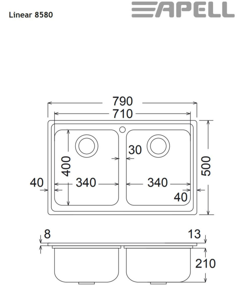 101-8580-2 Νεροχύτης LINEAR 79Χ50 Apell Inox Λείο - Image 2