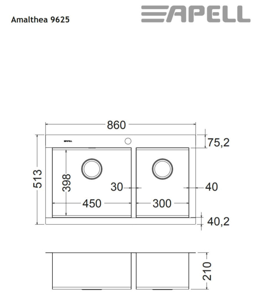 101-9625-110-3 Νεροχύτης AMALTHEA 86X51 Apell Inox Λείο - Image 3