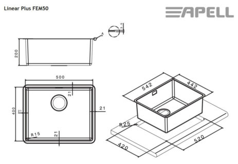 Νεροχύτης Υποκαθήμενος LINEAR PLUS 50Χ40 Apell Inox Λείο - Image 2