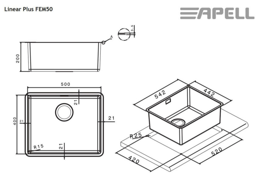 Νεροχύτης Υποκαθήμενος LINEAR PLUS 50Χ40 Apell Inox Λείο - Image 2