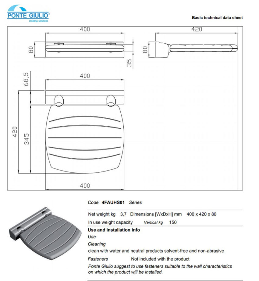 Κάθισμα Τοίχου Ανακλινόμενο 40x42 PAINT AMEA Λευκό - Image 3