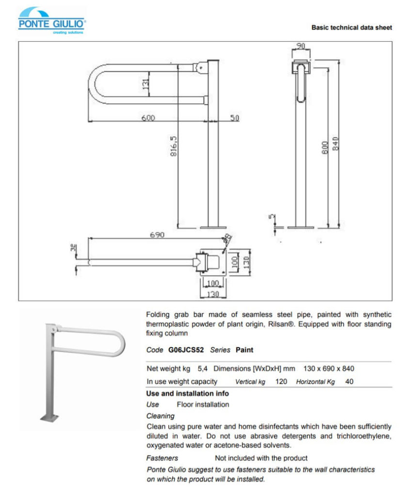Μπάρα Δαπέδου ΑΝΑΚΛΙΝΟΜΕΝΗ 60 με Βάση PAINT ΑΜΕΑ Λευκό - Image 2