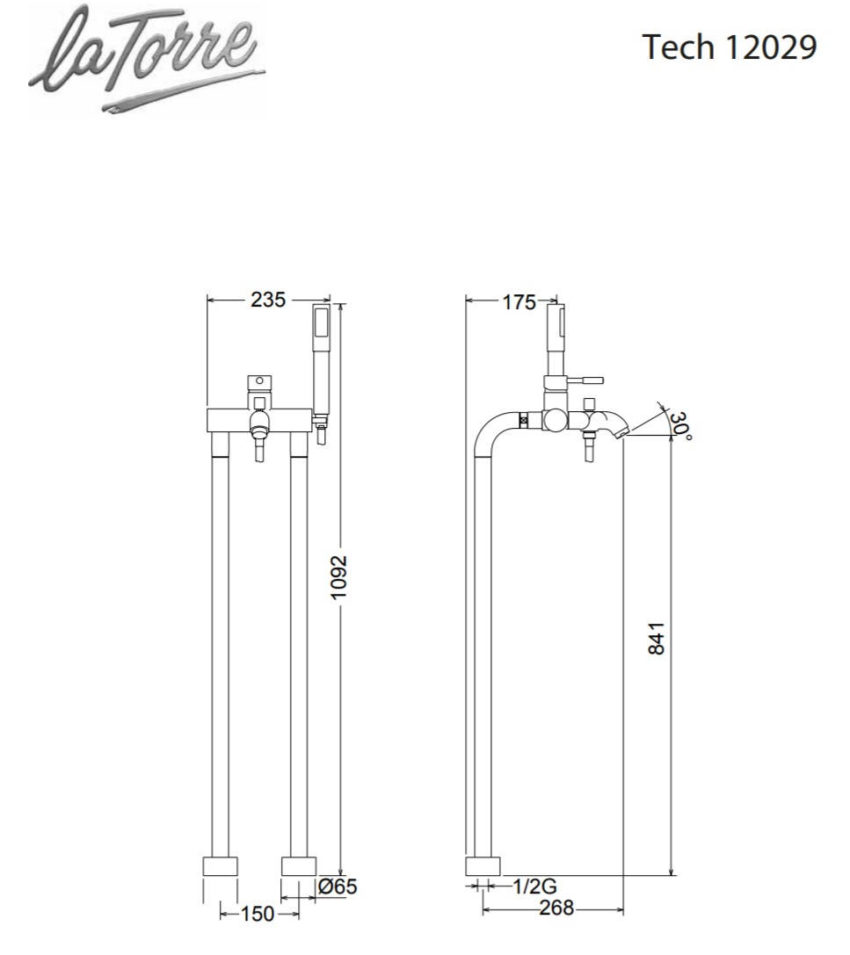 200-12029-100-2 Μπαταρία Λουτρού Επιδαπέδια Tech La Torre Χρωμέ - Image 2