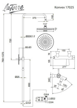 Μπαταρία Λουτρού + Επέκταση Κολώνα και Κεφαλή KONVEX La Torre Χρωμέ - Image 3
