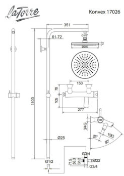 Μπαταρία Λουτρού + Σταθερή Κολώνα και Κεφαλή KONVEX La Torre Χρωμέ - Image 2