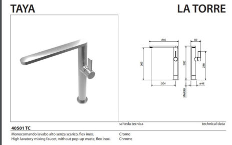 Μπαταρία Νιπτήρος Υψηλή με Βαλβίδα Clik-Clac TAYA La Torre Χρωμέ - Image 2