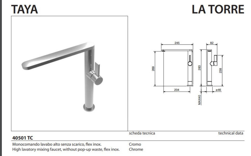 Μπαταρία Νιπτήρος Υψηλή με Βαλβίδα Clik-Clac TAYA La Torre Χρωμέ - Image 2