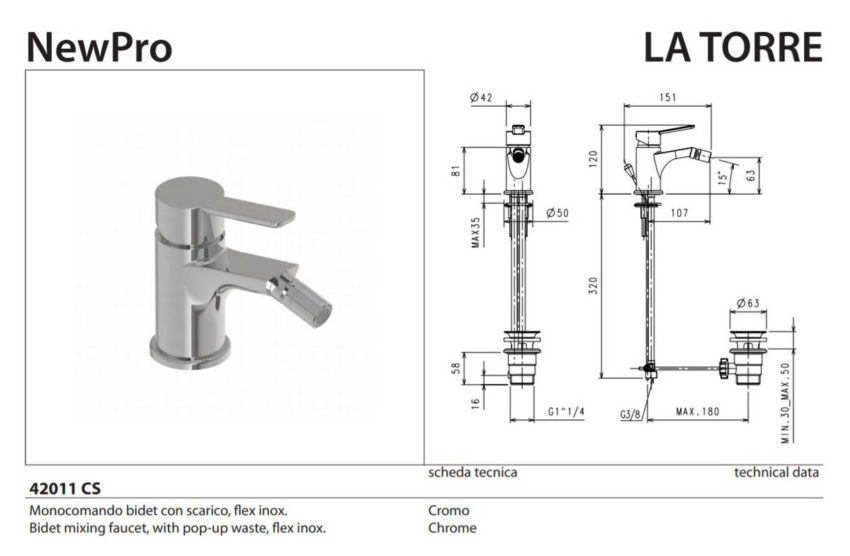 Μπαταρία Μπιντέ NEWPRO La Torre Χρωμέ - Image 2