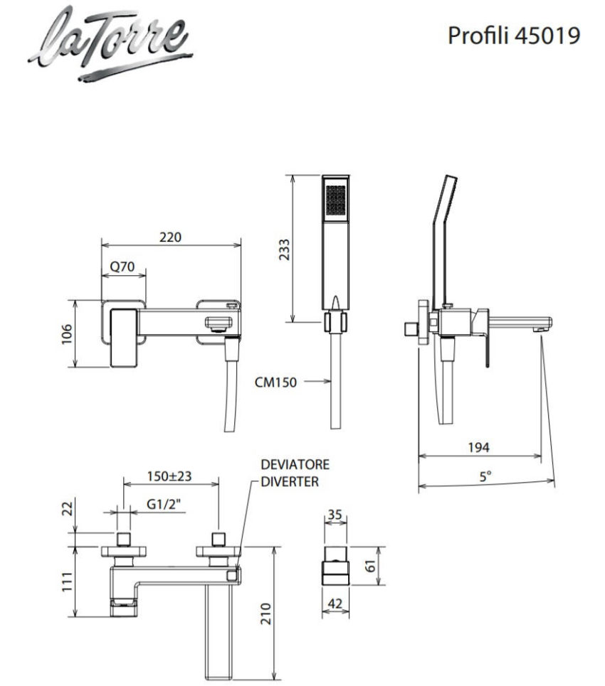 Μπαταρία Λουτρού PROFILI La Torre Χρωμέ - Image 2