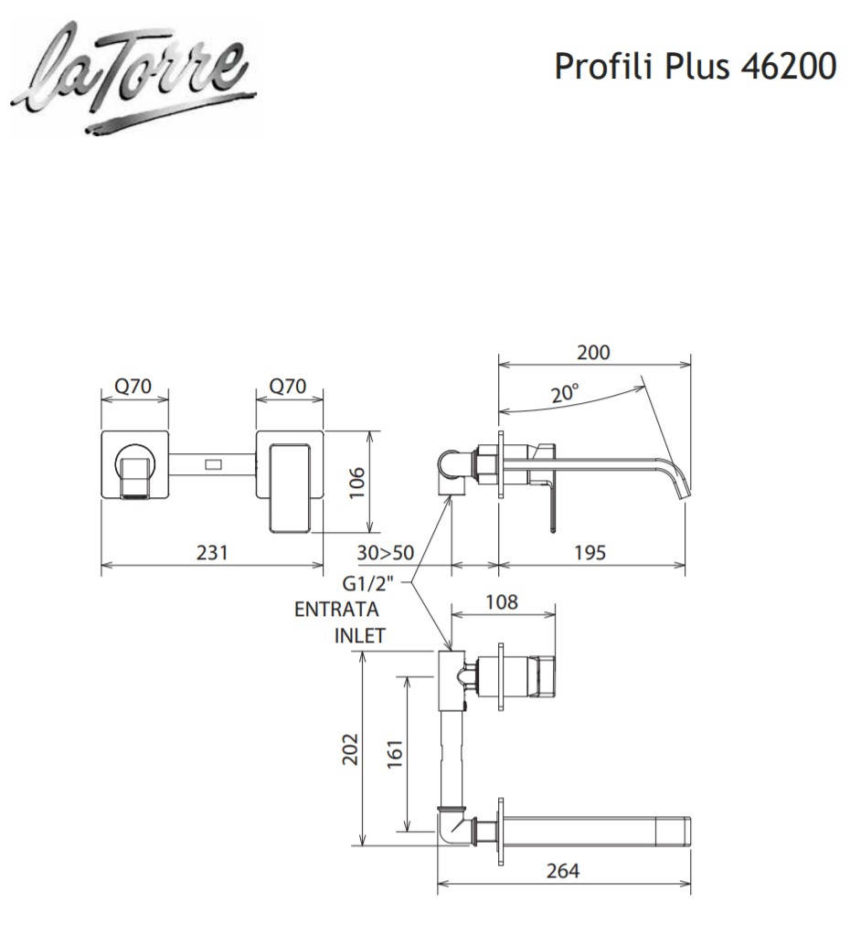 200-46200-100-2 Μπαταρία Νιπτήρος Τοίχου PROFILI-PLUS La Torre Χρωμέ - Image 2