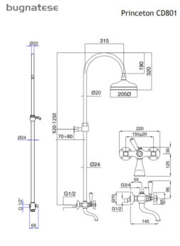 Μπαταρία Ντουζ + Κολώνα PRINCETON BUGNATESE Χρωμέ - Image 2