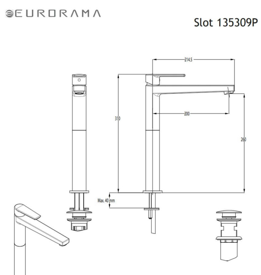 202-135309P-100-2 Μπαταρία Νιπτήρος Υψηλή με Βαλβίδα Clic-Clac SLOT EURORAMA Χρωμέ - Image 2