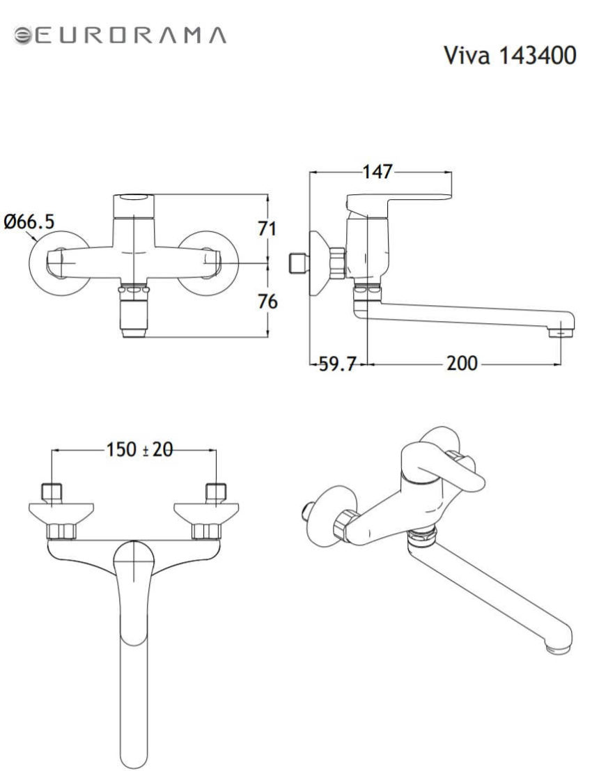 Μπαταρία Νεροχύτη Τοίχου VIVA EURORAMA Χρωμέ - Image 2