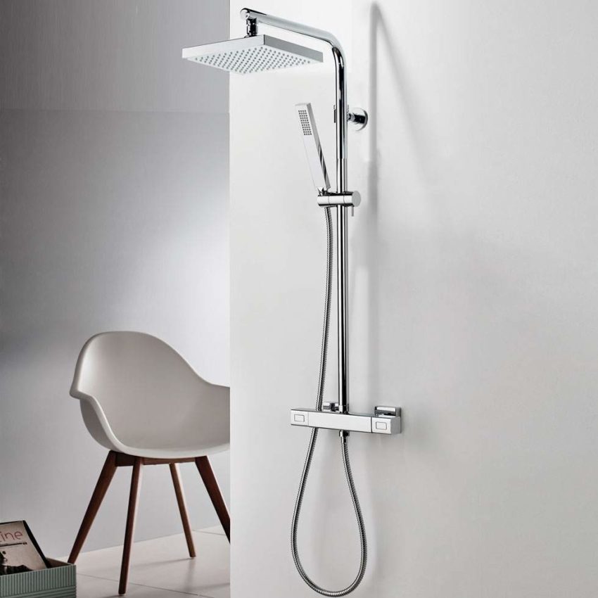 202-613066-100-1 Μπαταρία Ντουζ + Σταθερή Κολώνα και Κεφαλή THERMO SQUARE EURORAMA Χρωμέ - Image 1