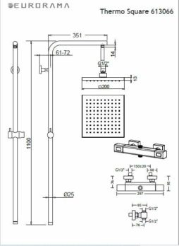 Μπαταρία Ντουζ + Σταθερή Κολώνα και Κεφαλή THERMO SQUARE EURORAMA Χρωμέ - Image 3