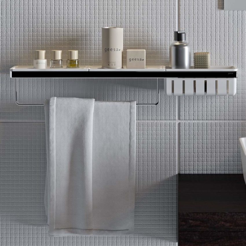 300-8854-300-2 Εταζέρα 63x10,8 εκ. με Μπουκαλοθήκη & Πετσετοκρεμάστρα FRAME GEESA Χρωμέ/Λευκό Ματ - Image 2