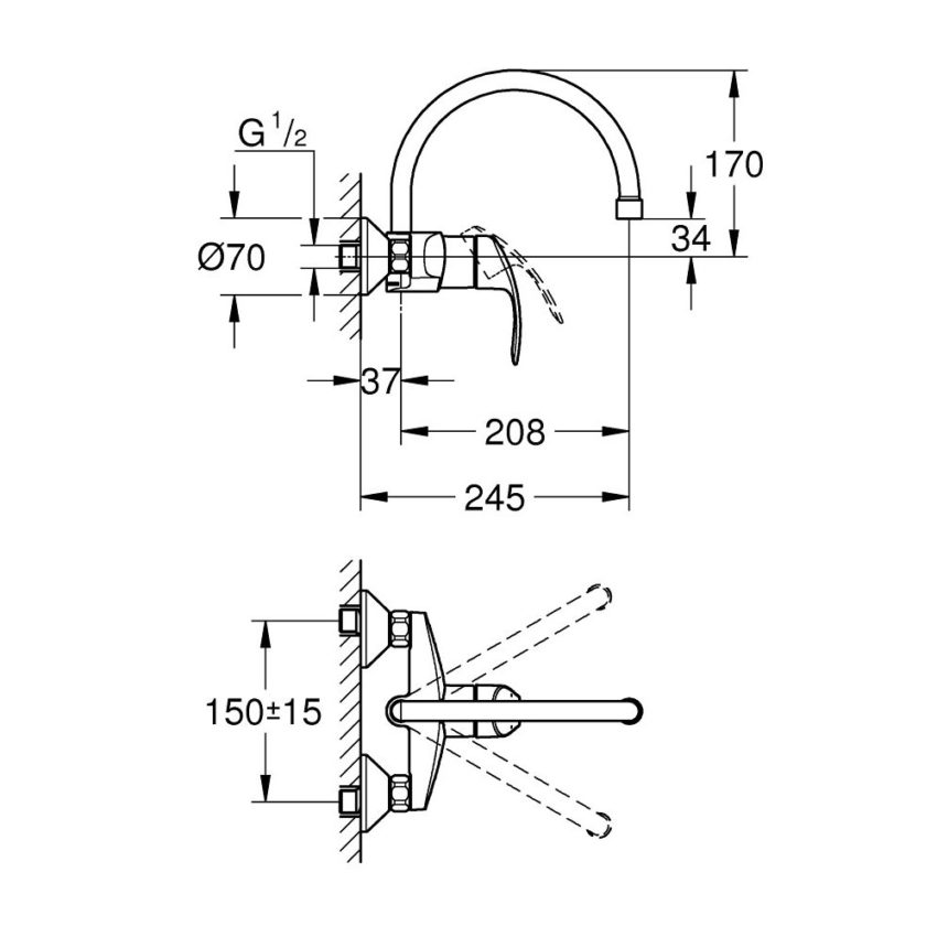 sx-32482002 Grohe Eurosmart Μπαταρία Νεροχύτη Τοίχου 32482003 - Image 2