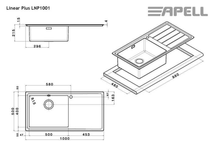 Νεροχύτης LINEAR PLUS 100x50 APELL Inox Λείο RIGHT - Image 3