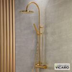Μπαταρία Ντουζιέρας με Κεφαλή και Κολώνα ρυθμιζόμενου ύψους Slim Vicario Brushed Gold