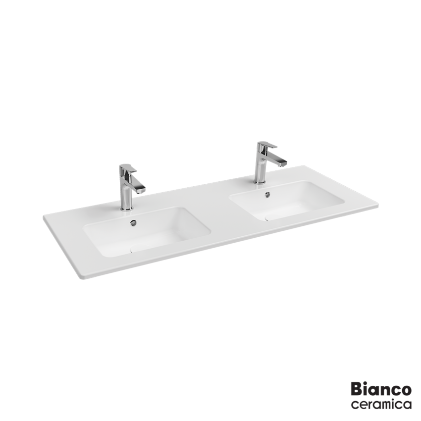 Νιπτήρας Πορσελάνης Διπλός Flat 121,6x46 (2 οπές) Bianco Ceramica White - Image 2