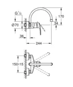 EUROSMART GROHE Επίτοιχη μπαταρία νεροχύτη μονού μοχλού 1/2″ Χρωμέ 32482003 - Image 2
